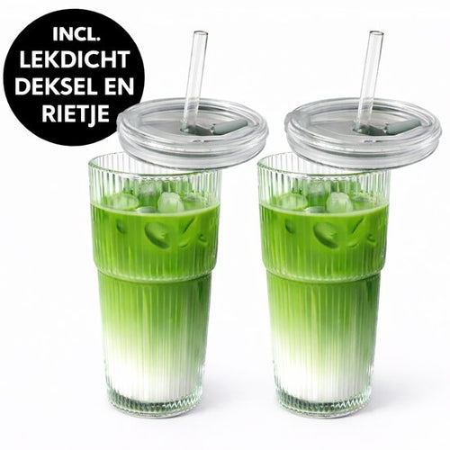 Matcha - Bubble tea glazen XL - Geribbelde glazen - Matcha - Lattes - Thee - Bubble Tea - Smoothies - 0.6L