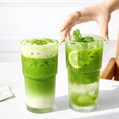 Matcha - Bubble tea glazen XL - Geribbelde glazen - Matcha - Lattes - Thee - Bubble Tea - Smoothies - 0.6L